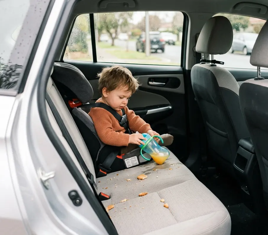 Asiento trasero de tela de un auto con un vaso de jugo derramado y migas sobre la vestidura